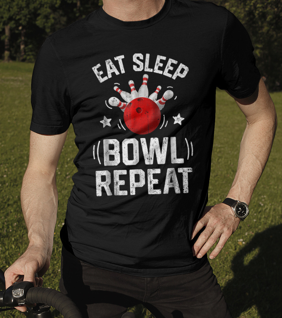 Eat Sleep Bowl Repeat Bowling Pins Stars Bowling Ball T-Shirt