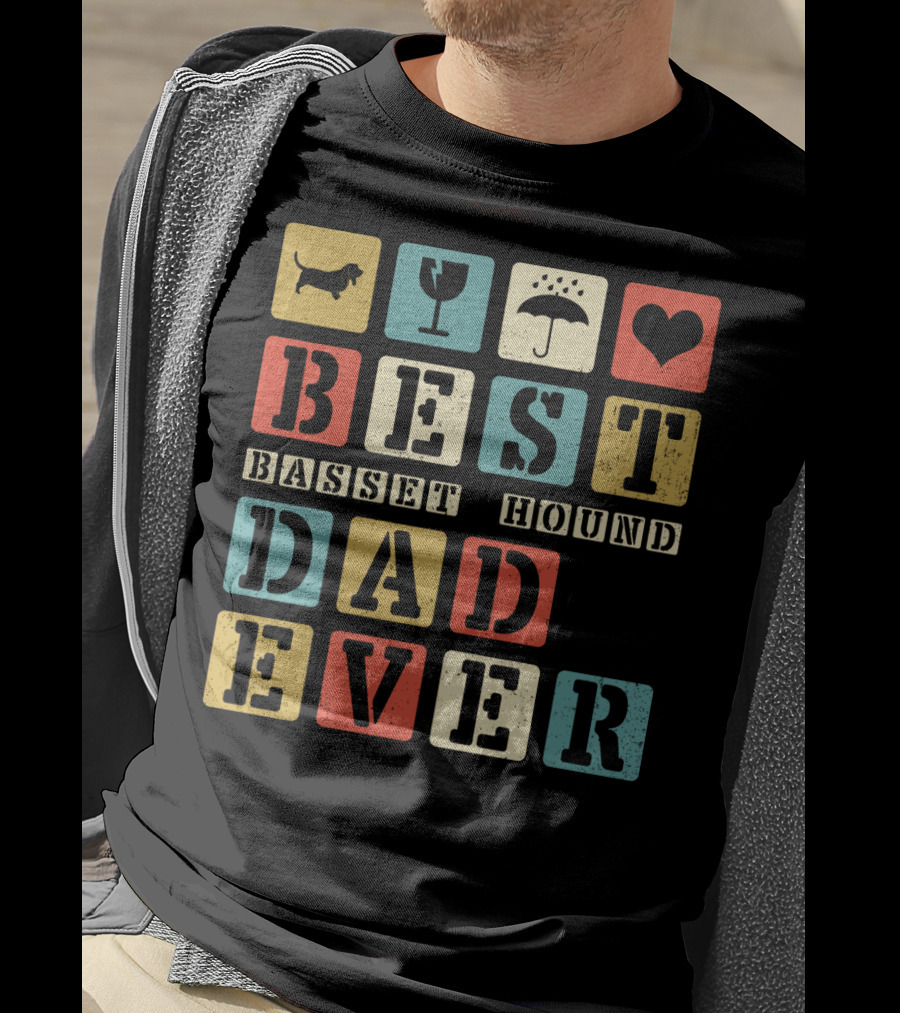Best Basset Hound Dad Ever Vintage Style76 Retro Blocks T-Shirt