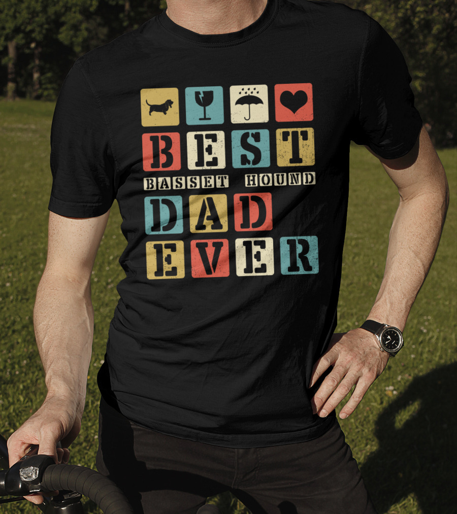 Best Basset Hound Dad Ever Vintage Style76 Retro Blocks T-Shirt
