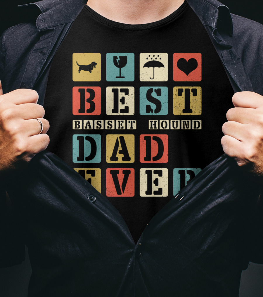 Best Basset Hound Dad Ever Vintage Style76 Retro Blocks T-Shirt