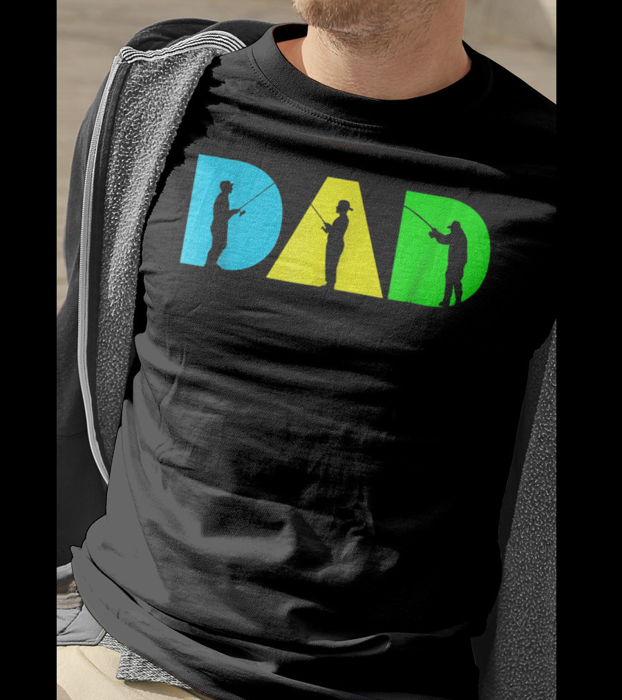 Funny Dad Fishing Silhouette Blue Yellow Green Design Father76 T-Shirt