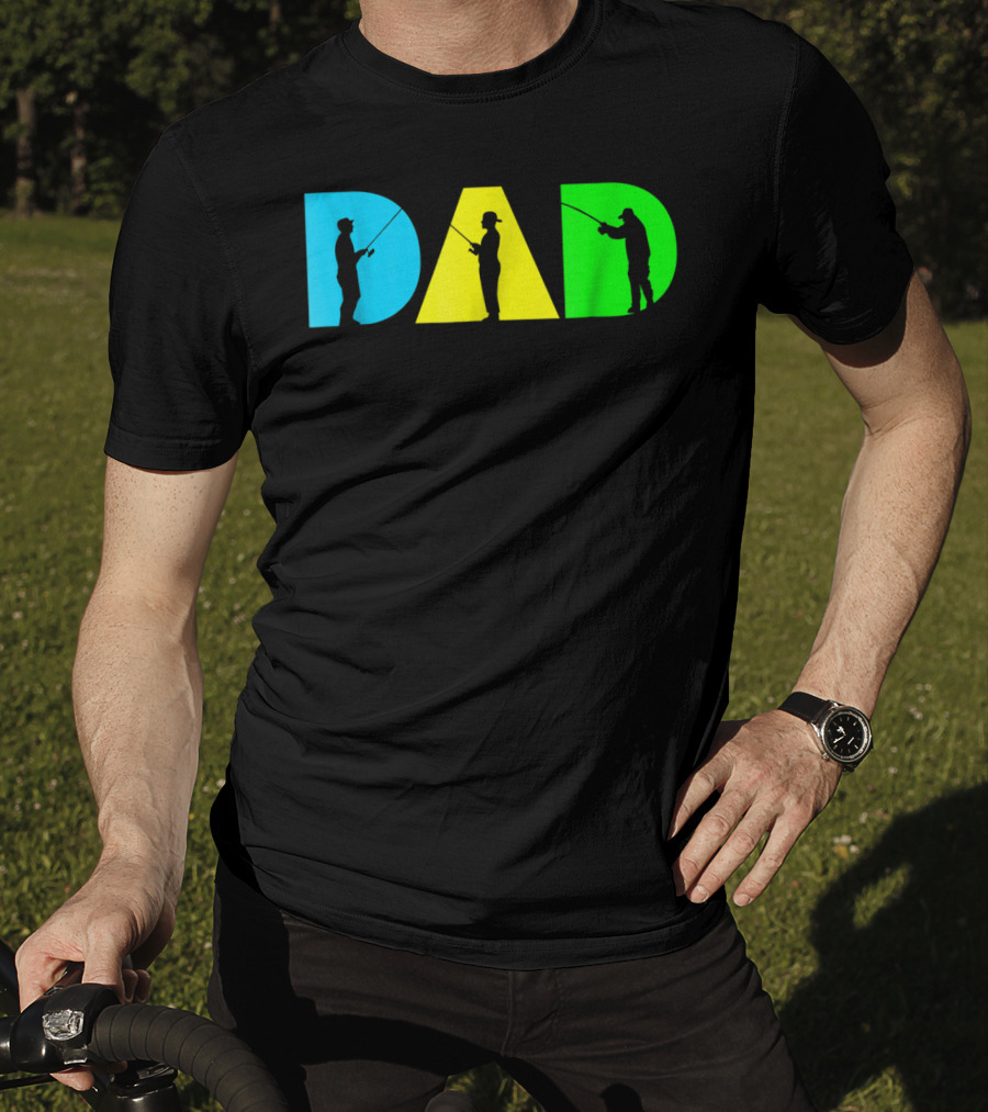 Funny Dad Fishing Silhouette Blue Yellow Green Design Father76 T-Shirt