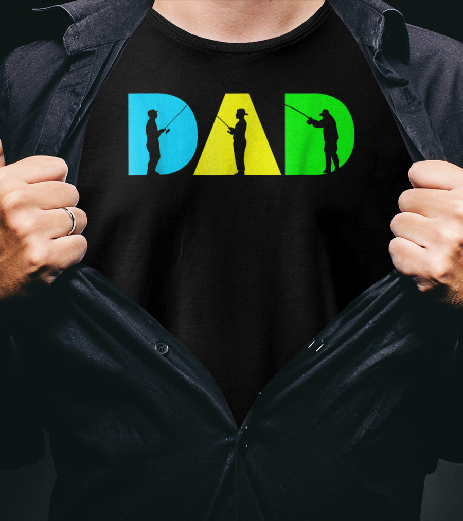 Funny Dad Fishing Silhouette Blue Yellow Green Design Father76 T-Shirt