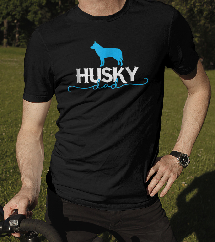 Husky Dad Dog Silhouette Blue And White T-Shirt