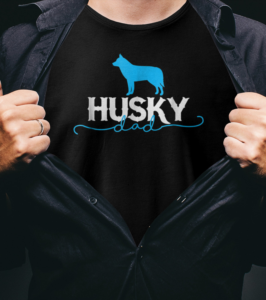 Husky Dad Dog Silhouette Blue And White T-Shirt