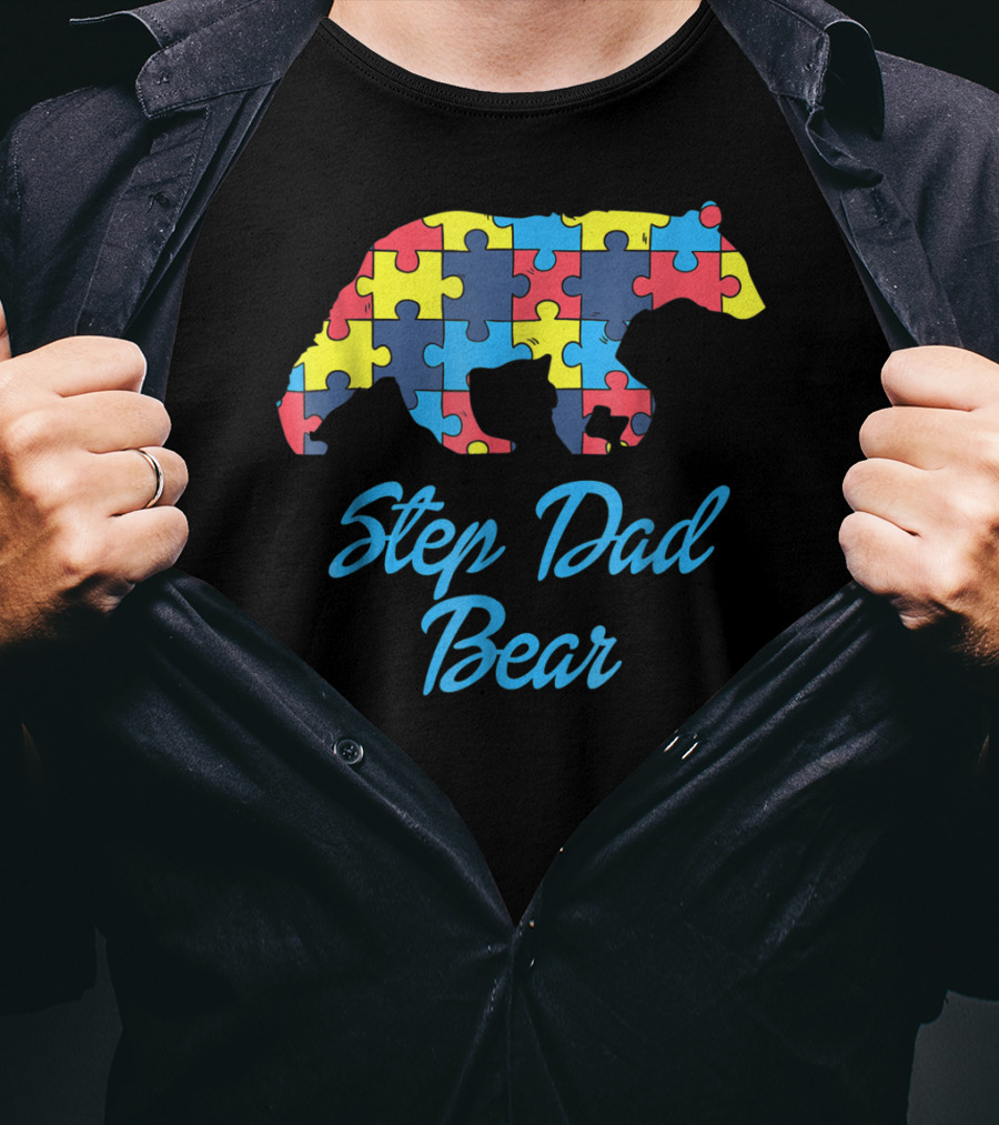 Step Dad Bear Autism Awareness Puzzle T-Shirt