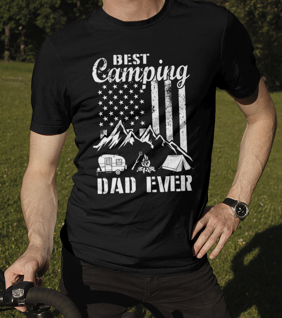 Best Camping Dad Ever American Flag Mountains Campfire Tent And Camper T-Shirt