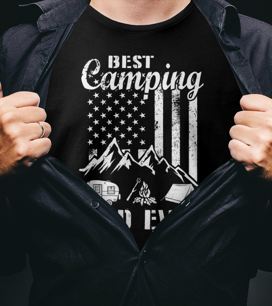 Best Camping Dad Ever American Flag Mountains Campfire Tent And Camper T-Shirt