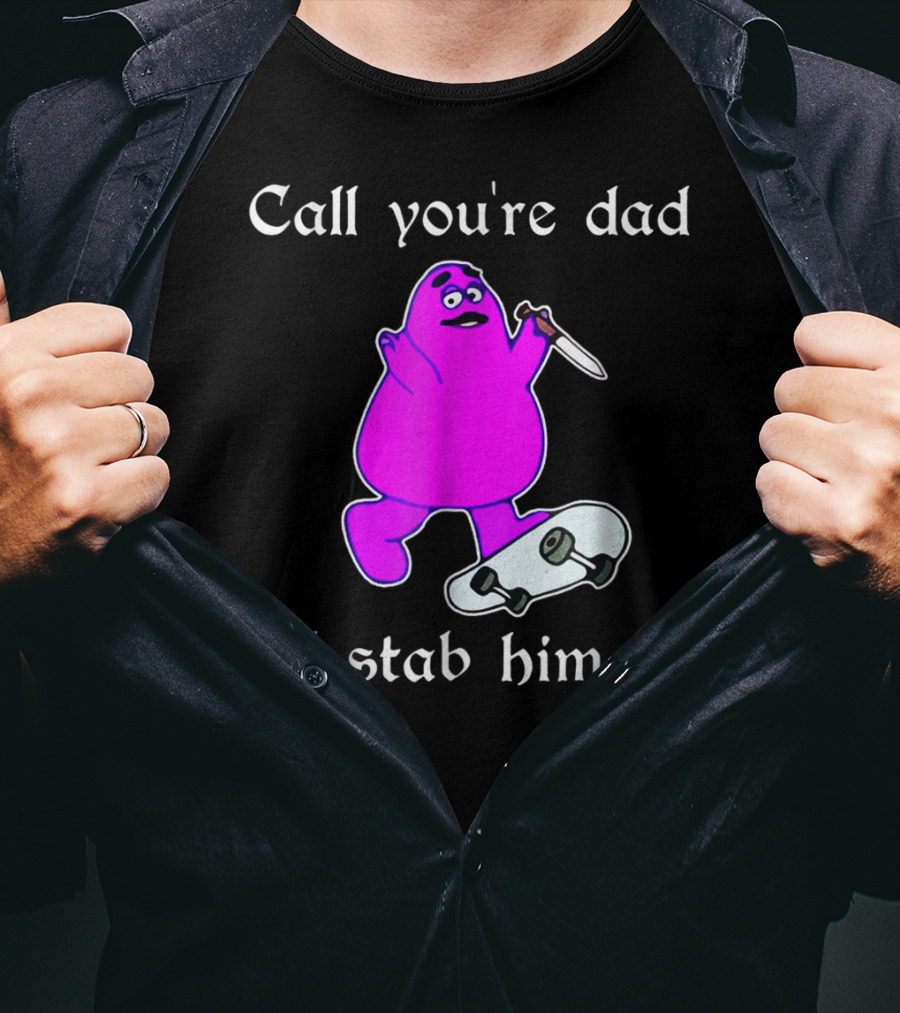 Call Youre Dad Ill Stab Him To Purple Skateboarding Character With Knife T-Shirt