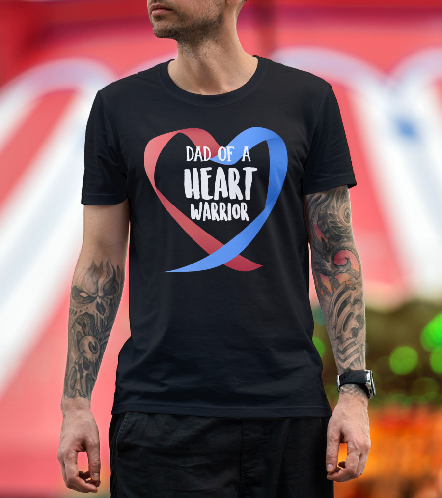 Dad of a Heart Warrior CHD Awareness Red and Blue Ribbon Heart T-Shirt