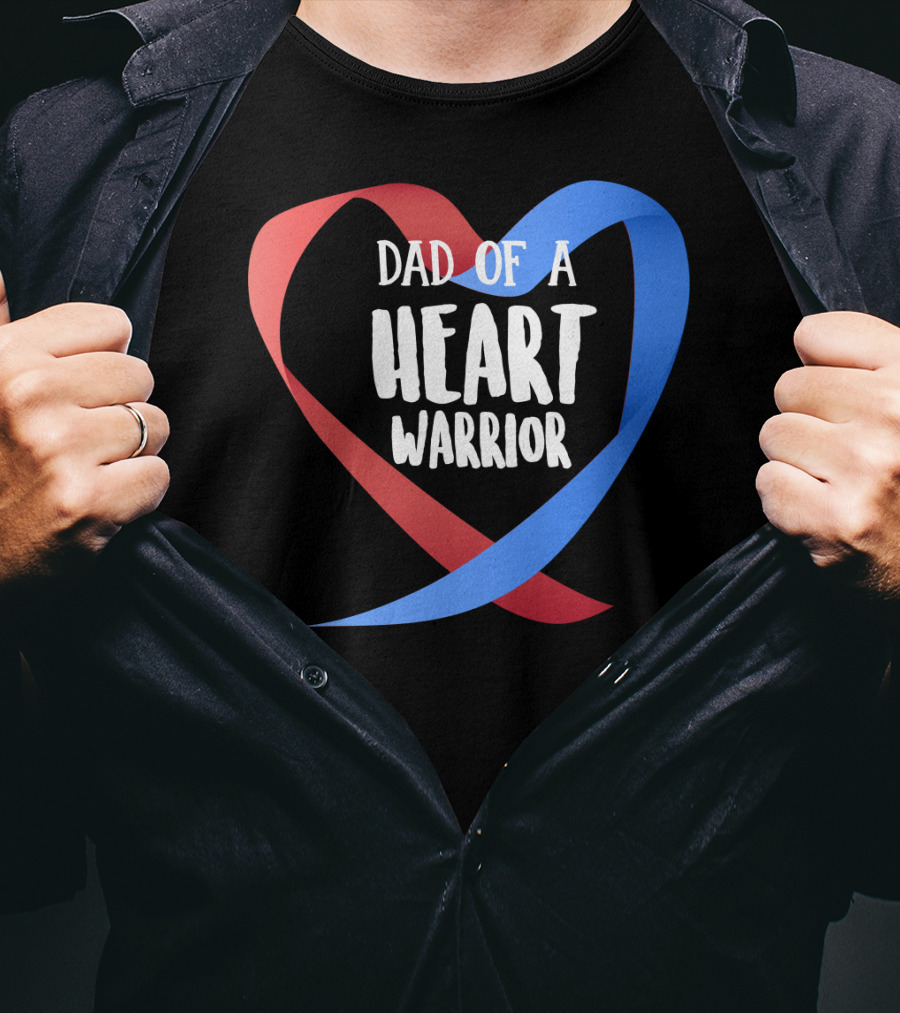 Dad Of A Heart Warrior CHD Awareness Red And Blue Ribbon Heart T-Shirt