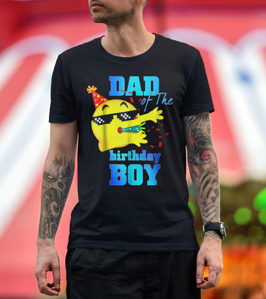 Dad of The Birthday Boy Dabbing Emoji with Party Hat and Confetti T-Shirt