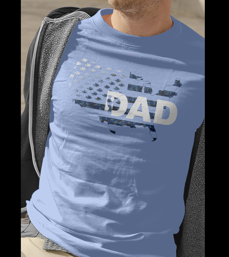 Dad Camouflage Flag Map USA Fish T-Shirt