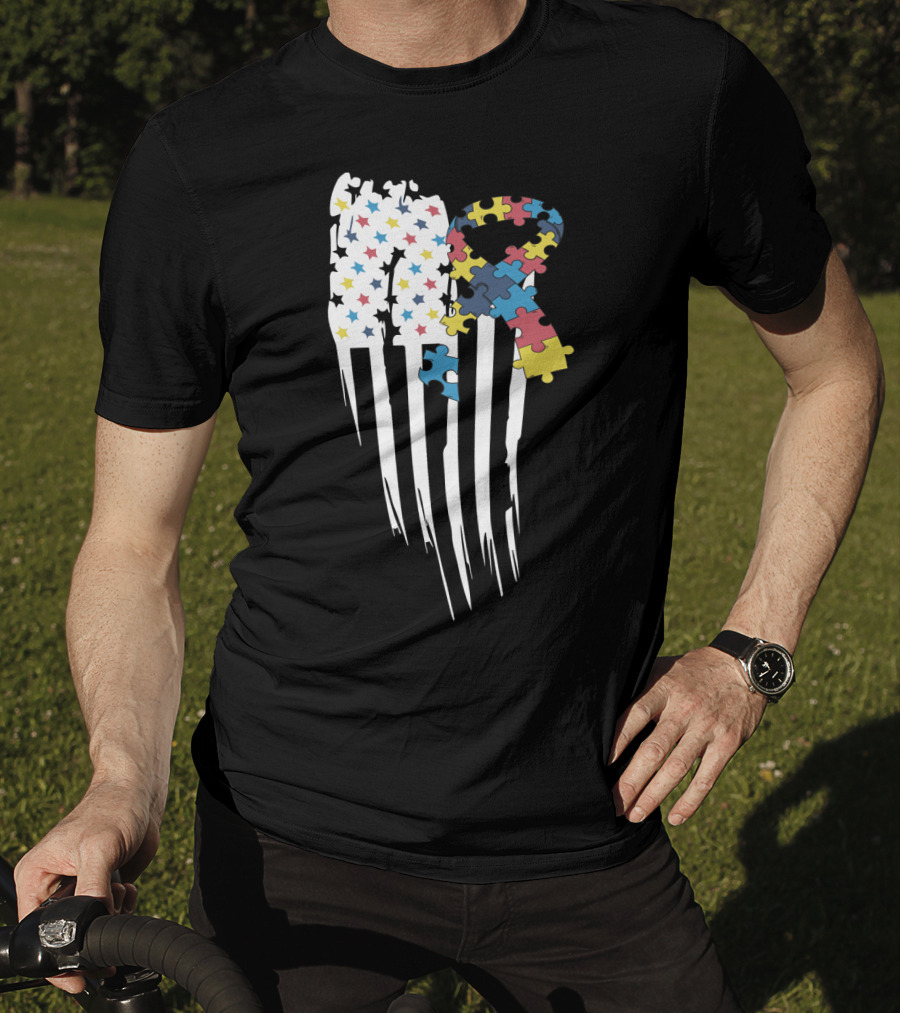 Autism Awareness Month Stars And Stripes Puzzle Ribbon Flag T-Shirt