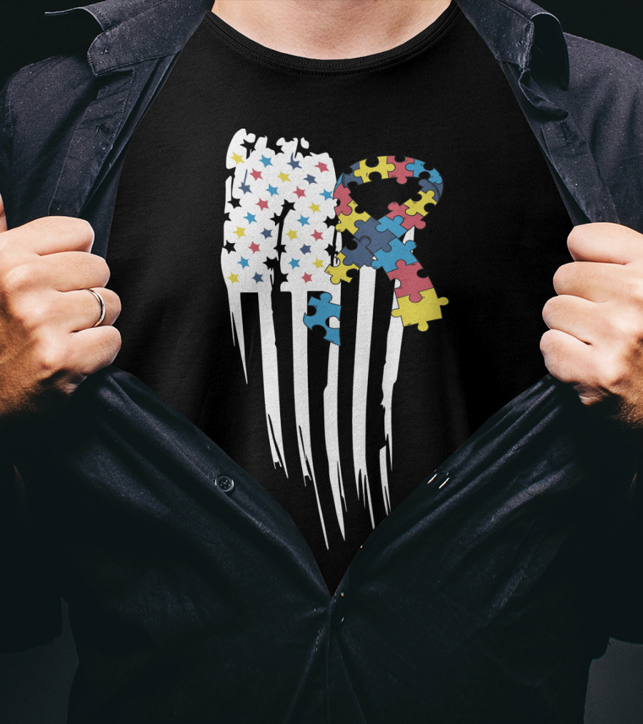 Autism Awareness Month Stars And Stripes Puzzle Ribbon Flag T-Shirt