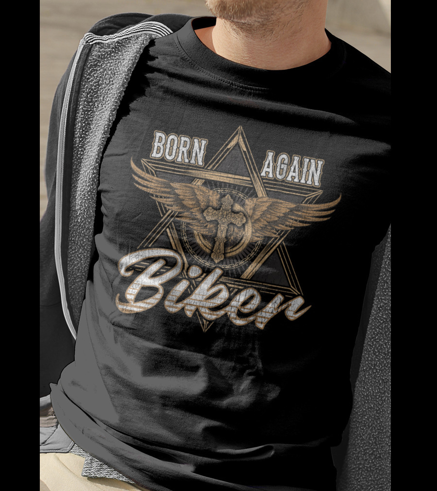 Born Again Biker Dad Motorcycle50 Winged Cross Star T-Shirt