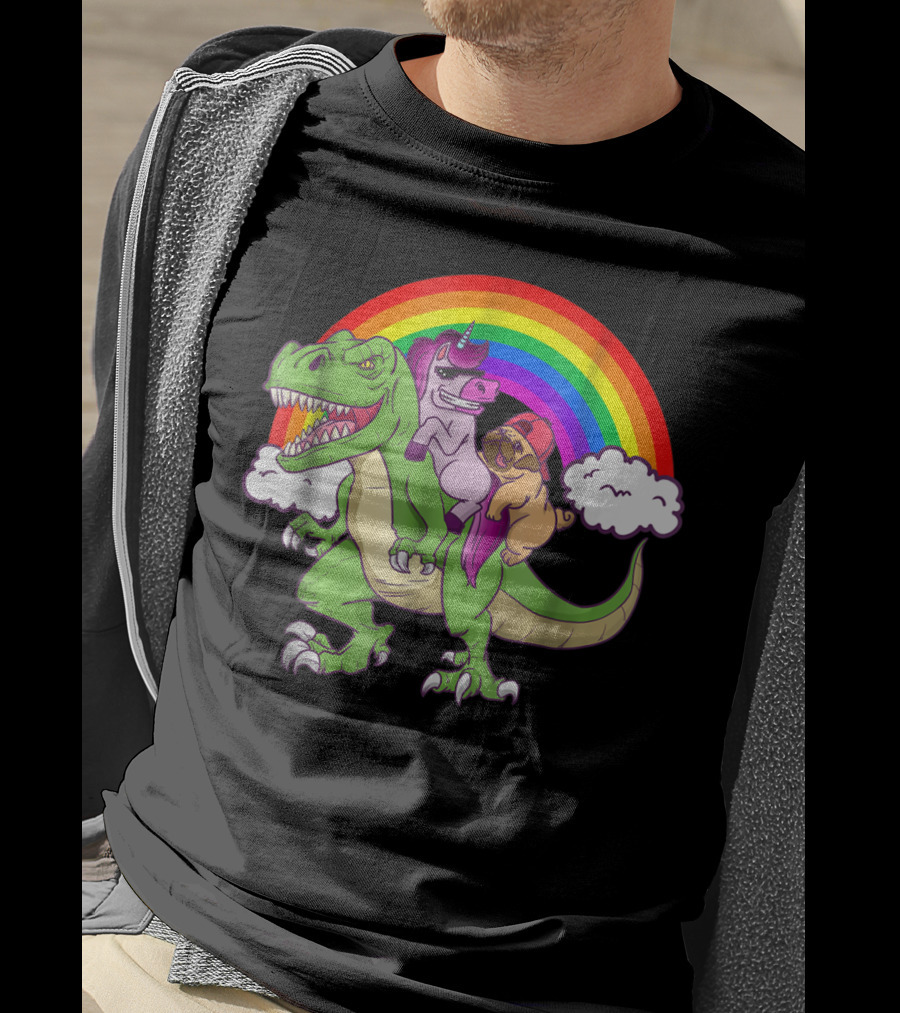 Dinosaur Unicorn Pug Dog Lovers Rainbow Adventure T-Shirt