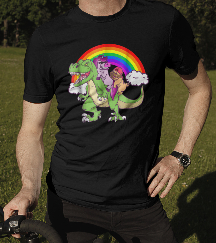 Dinosaur Unicorn Pug Dog Lovers Rainbow Adventure T-Shirt
