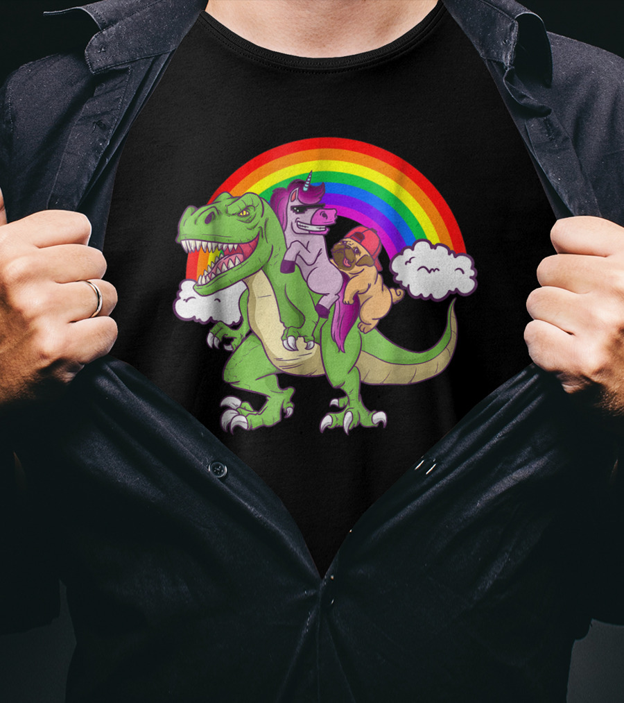 Dinosaur Unicorn Pug Dog Lovers Rainbow Adventure T-Shirt