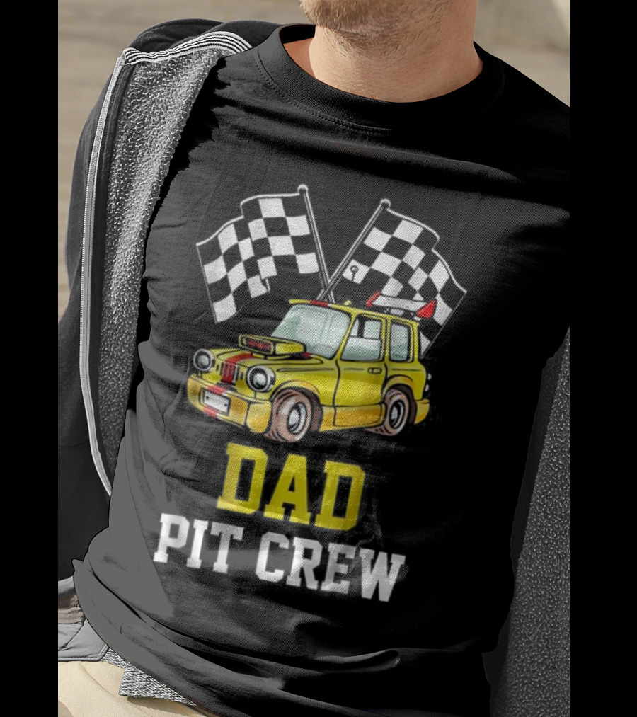 Dad Pit Crew Racing Yellow Car Checkered Flags T-Shirt
