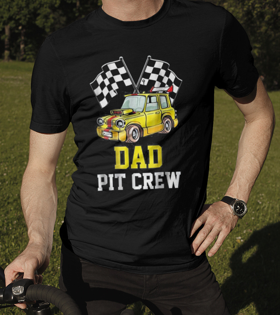 Dad Pit Crew Racing Yellow Car Checkered Flags T-Shirt