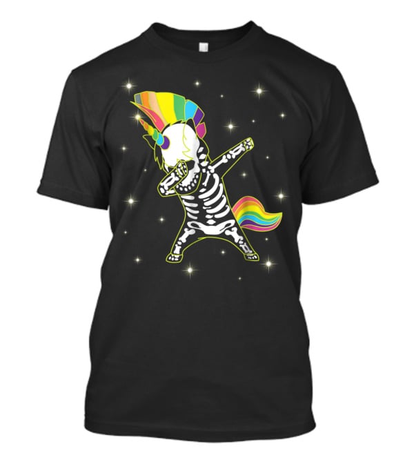 Dabbing Unicorn Skeleton Dad Hip Hop Xray Rainbow Mane Tail Starry Background T-Shirt