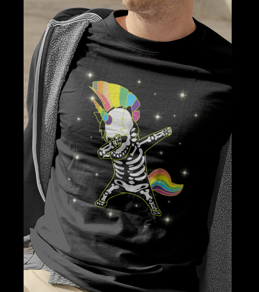 Dabbing Unicorn Skeleton Dad Hip Hop Xray Rainbow Mane Tail Starry Background T-Shirt