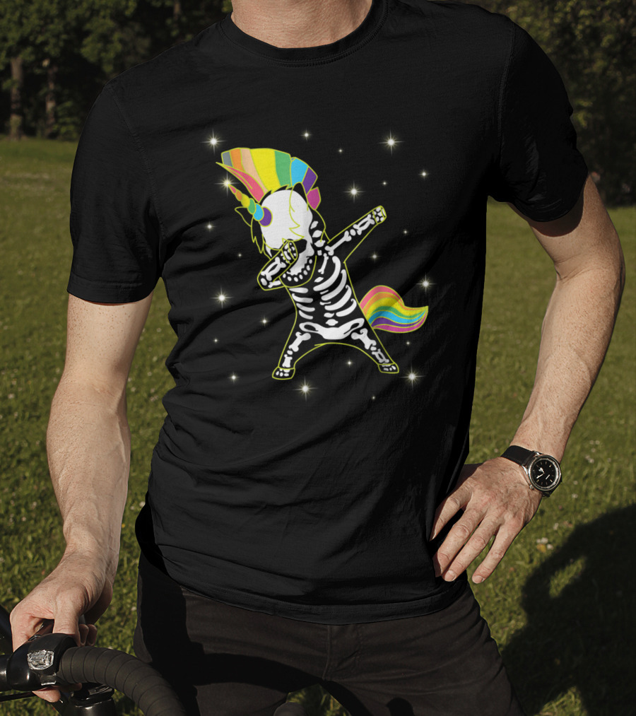Dabbing Unicorn Skeleton Dad Hip Hop Xray Rainbow Mane Tail Starry Background T-Shirt