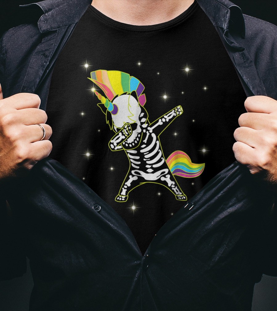 Dabbing Unicorn Skeleton Dad Hip Hop Xray Rainbow Mane Tail Starry Background T-Shirt