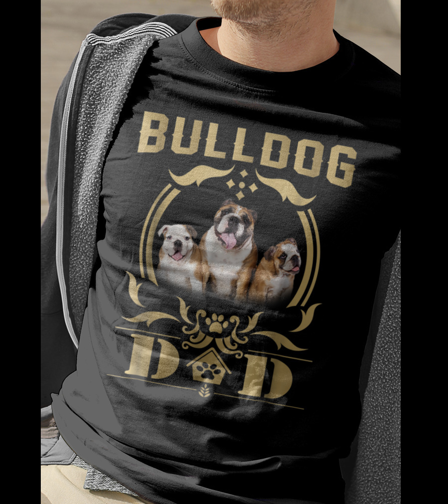Bulldog Dad Trio With Paw Print Embellishments T-Shirt