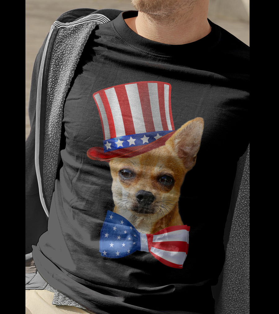 Chihuahua Uncle Sam Hat And Bowtie American Flag T-Shirt