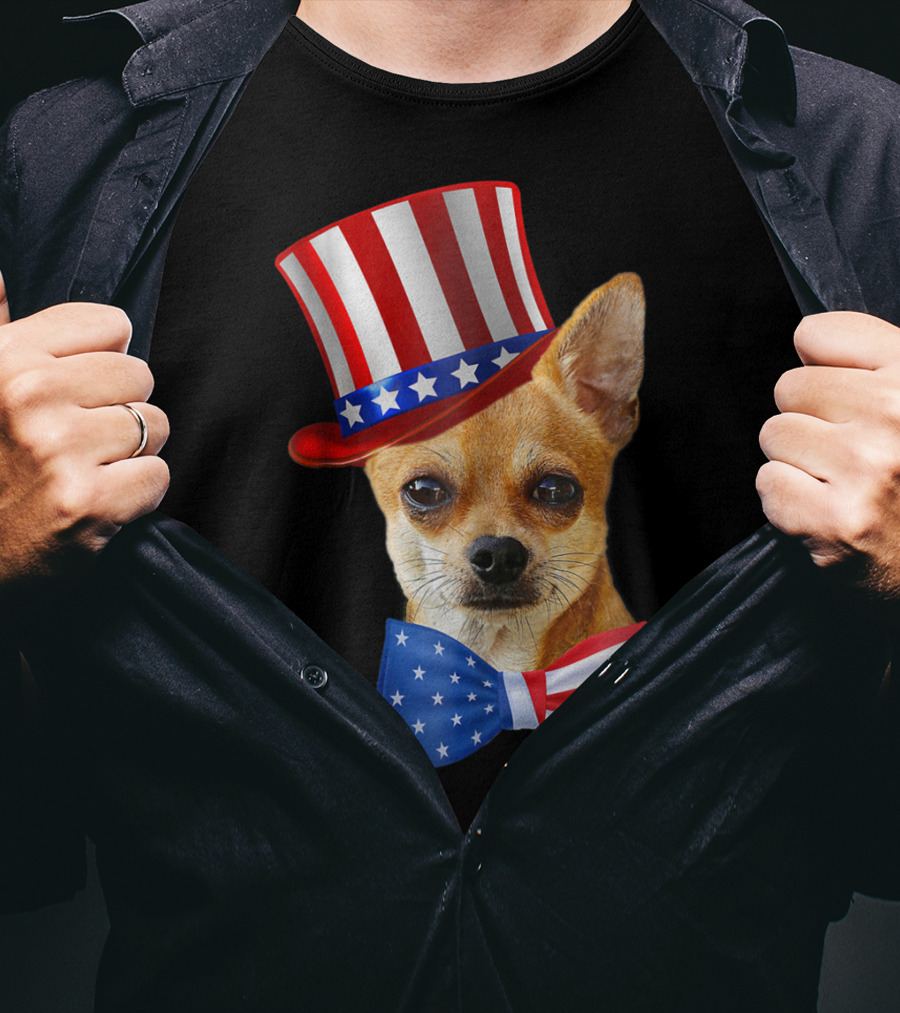 Chihuahua Uncle Sam Hat And Bowtie American Flag T-Shirt
