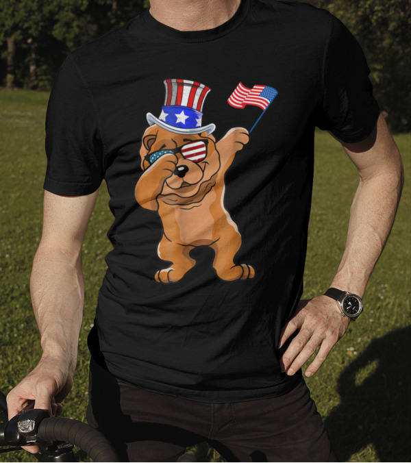 Chow Chow Dabbing Dog Dad American Flag Patriotic 4th Of July T-Shirt