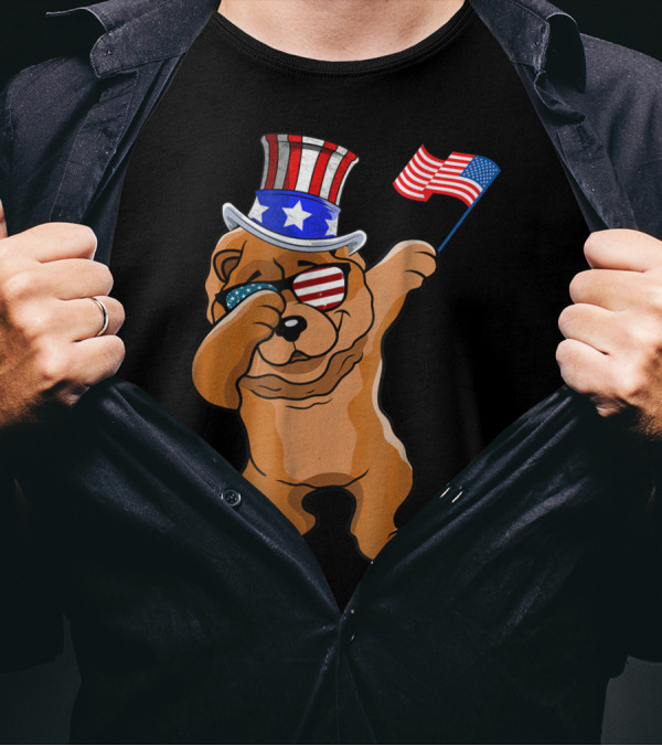 Chow Chow Dabbing Dog Dad American Flag Patriotic 4th Of July T-Shirt