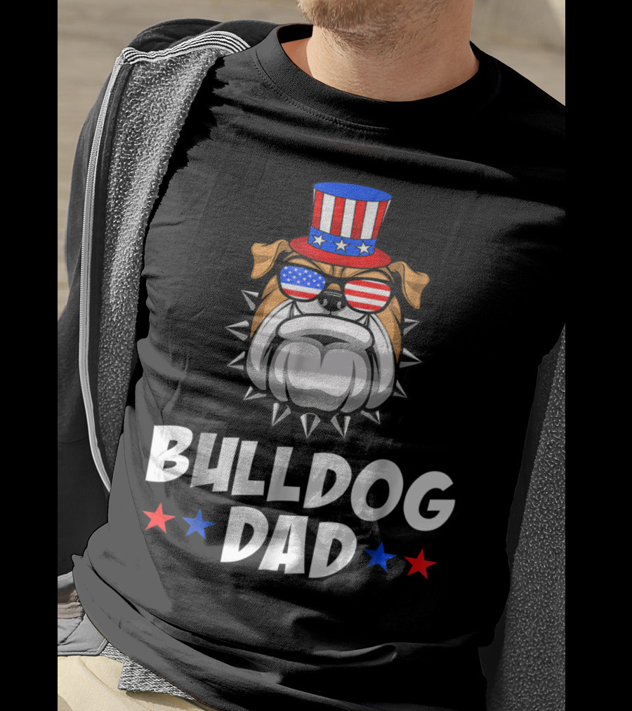 Bulldog Dad USA Flag Sunglasses American Patriotic Top Hat T-Shirt