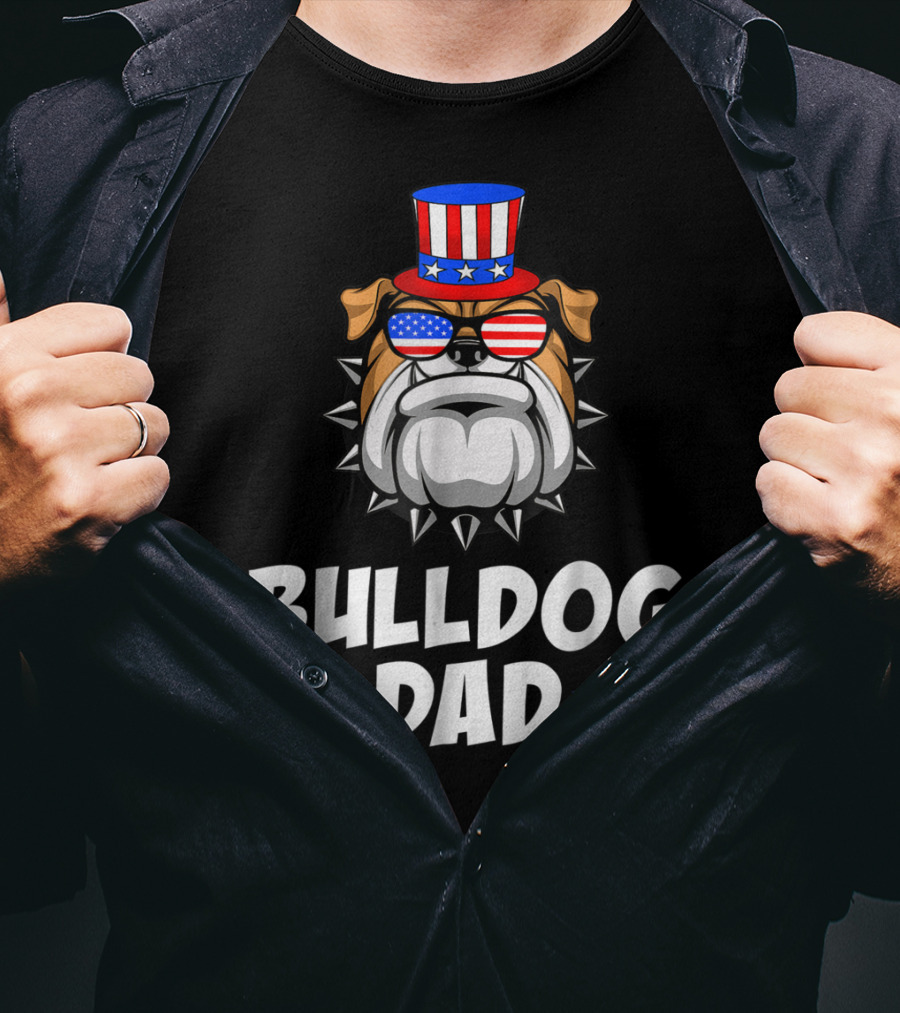 Bulldog Dad USA Flag Sunglasses American Patriotic Top Hat T-Shirt