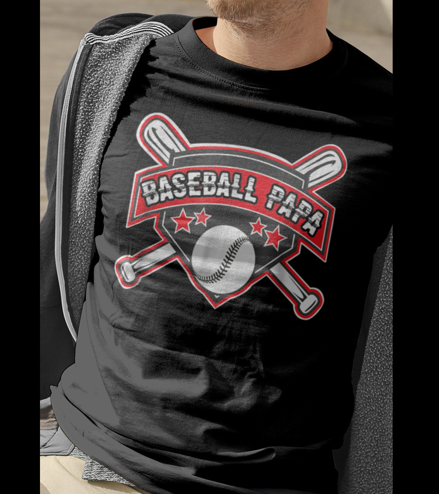 Baseball Papa Shield With Crossed Bats And Stars T-Shirt