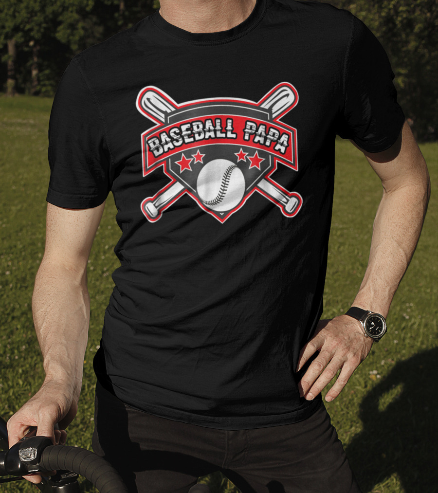 Baseball Papa Shield With Crossed Bats And Stars T-Shirt