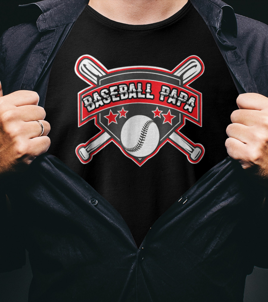 Baseball Papa Shield With Crossed Bats And Stars T-Shirt