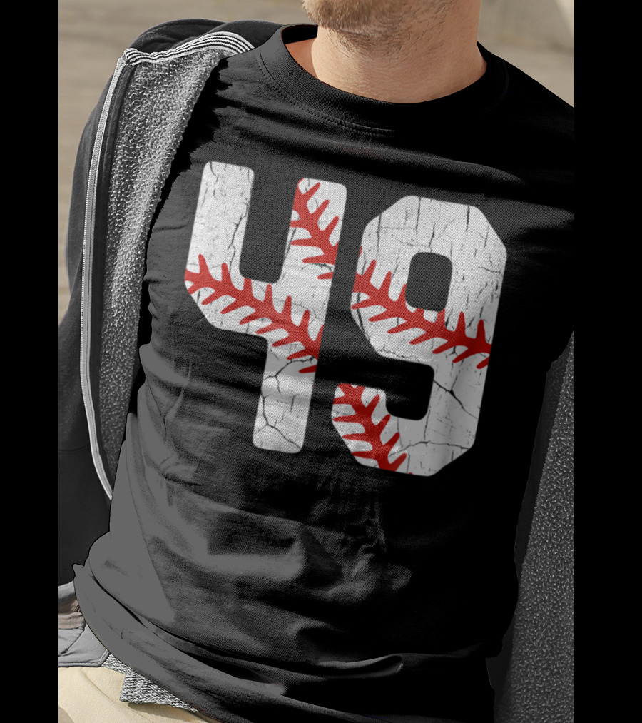Baseball Player Jersey Number 49 Red Stitching T-Shirt