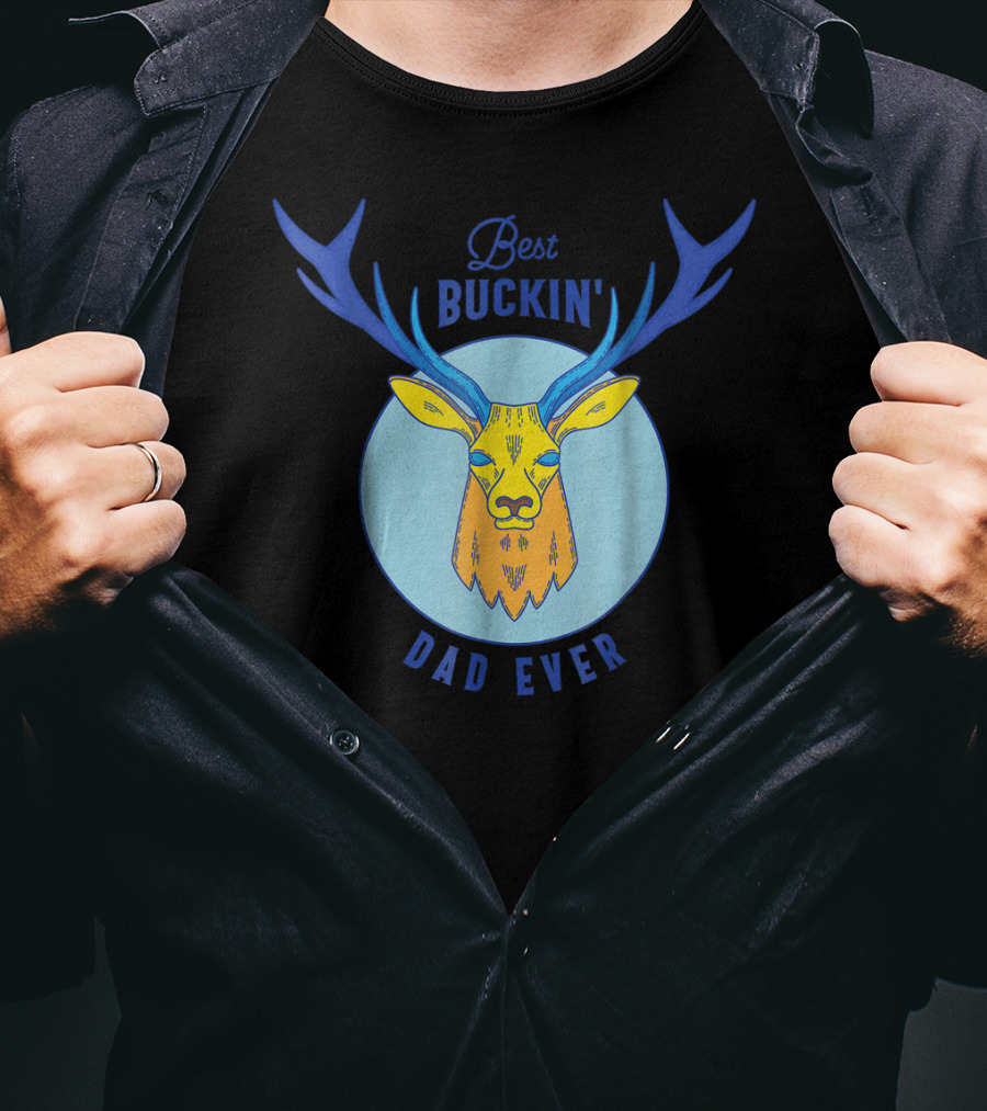 Best Buckin' Dad Ever Deer Hunting Stag Head Blue And Yellow Circle T-Shirt