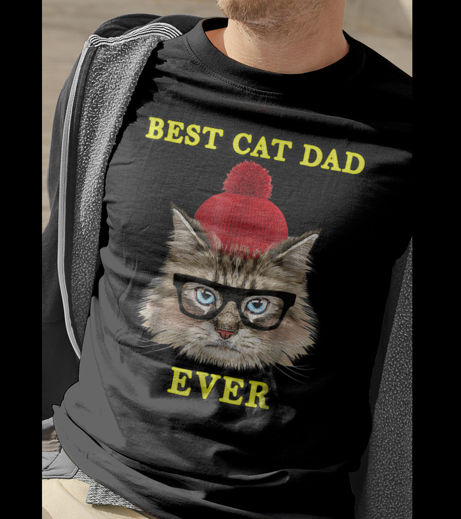 Best Cat Dad Ever Funny Pictoplast91 Red Beanie Glasses Cat T-Shirt