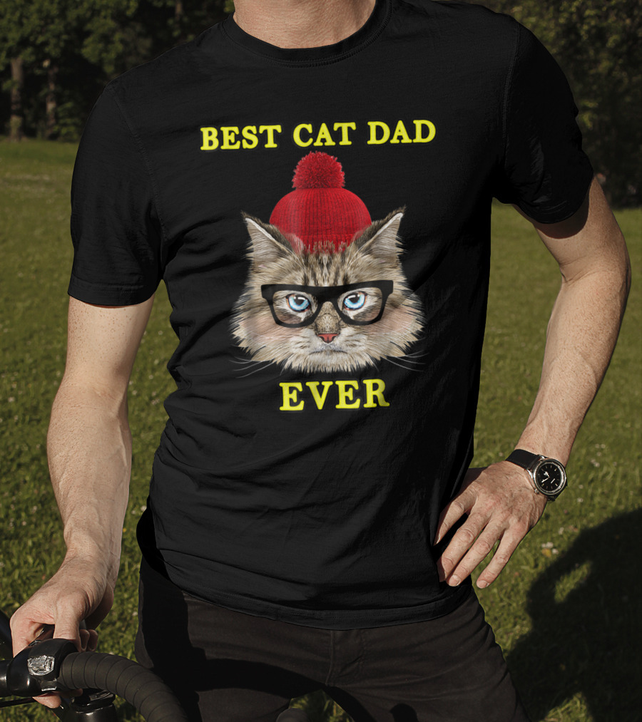 Best Cat Dad Ever Funny Pictoplast91 Red Beanie Glasses Cat T-Shirt