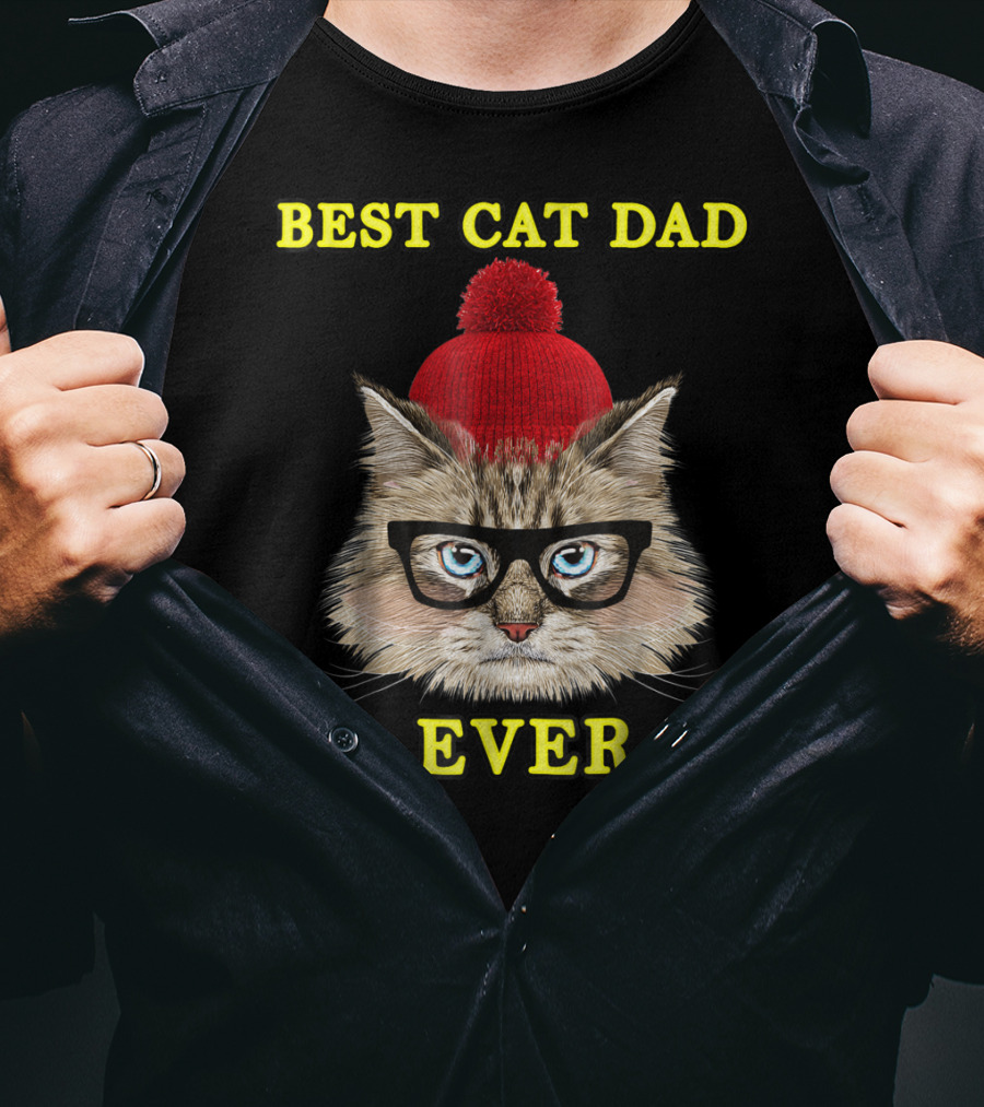Best Cat Dad Ever Funny Pictoplast91 Red Beanie Glasses Cat T-Shirt