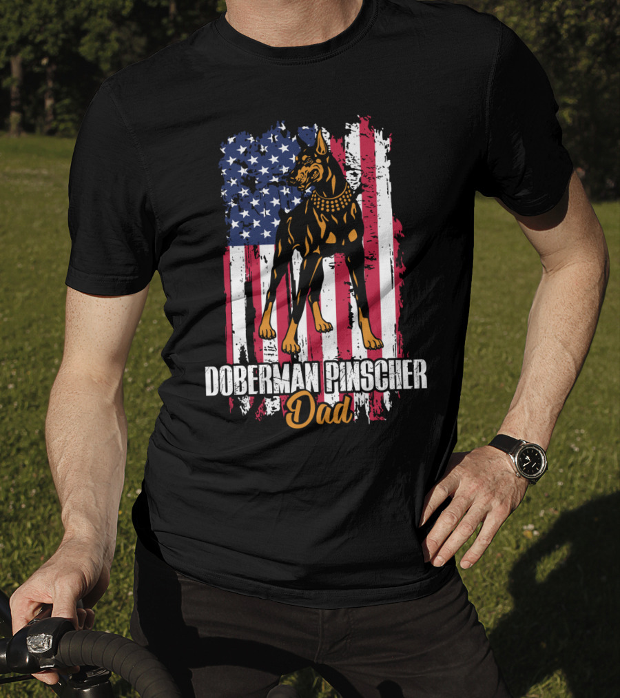 Doberman Pinscher Dad American Flag T-Shirt