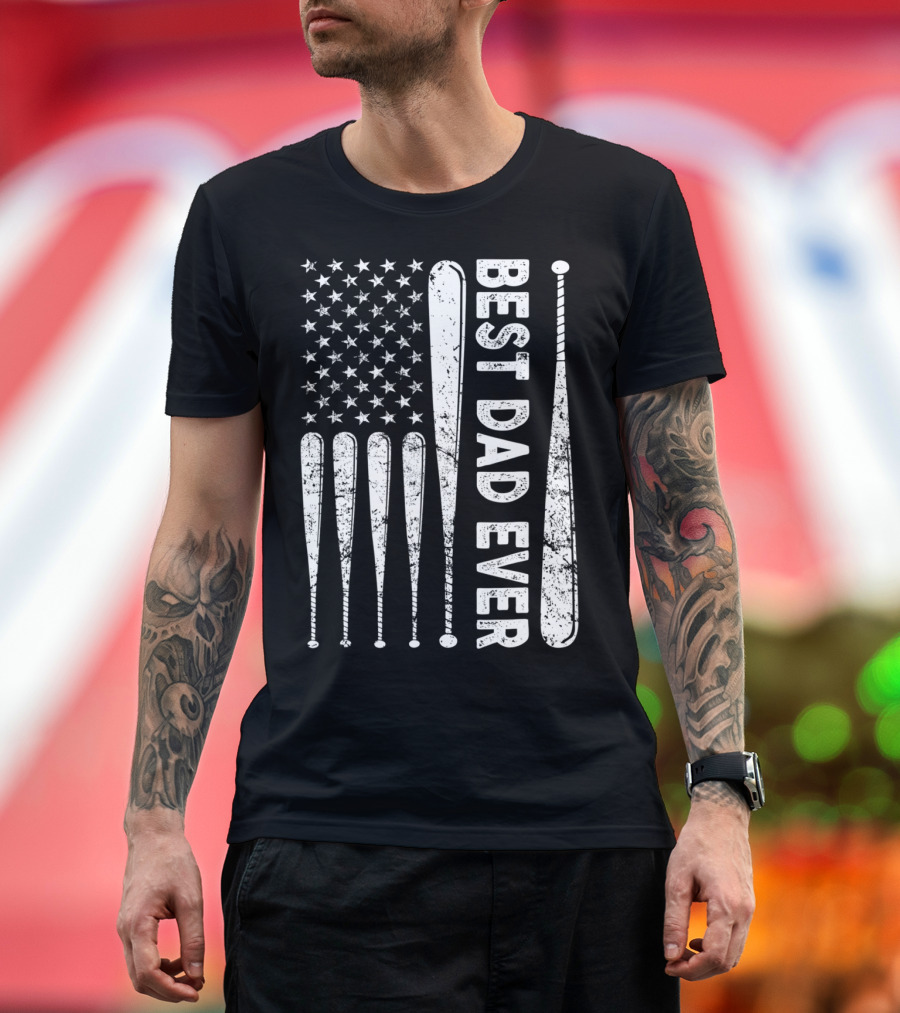 Best Dad Ever American Flag Baseball SoftballUSA T-Shirt