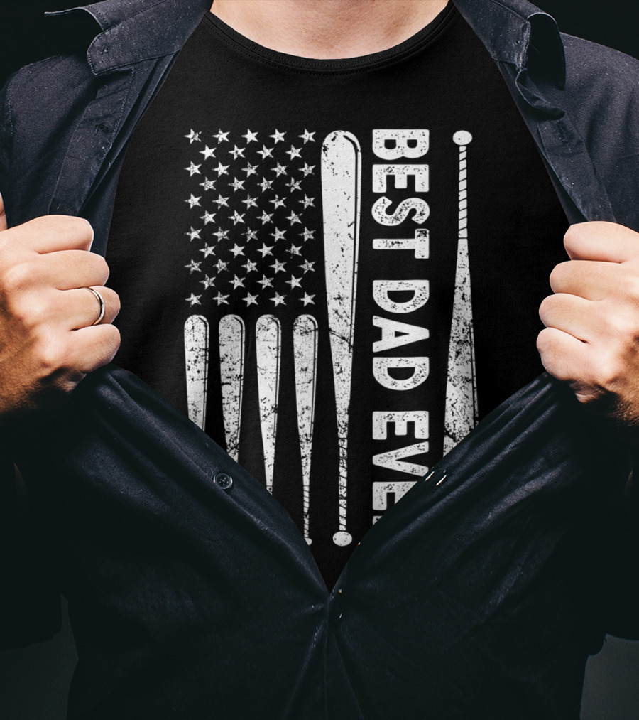 Best Dad Ever American Flag Baseball SoftballUSA T-Shirt