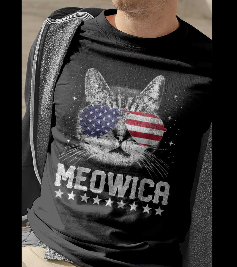 MEOWICA American Flag Cat With USA Sunglasses Stars T-Shirt