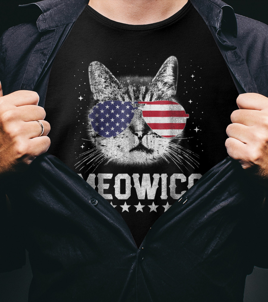 MEOWICA American Flag Cat With USA Sunglasses Stars T-Shirt