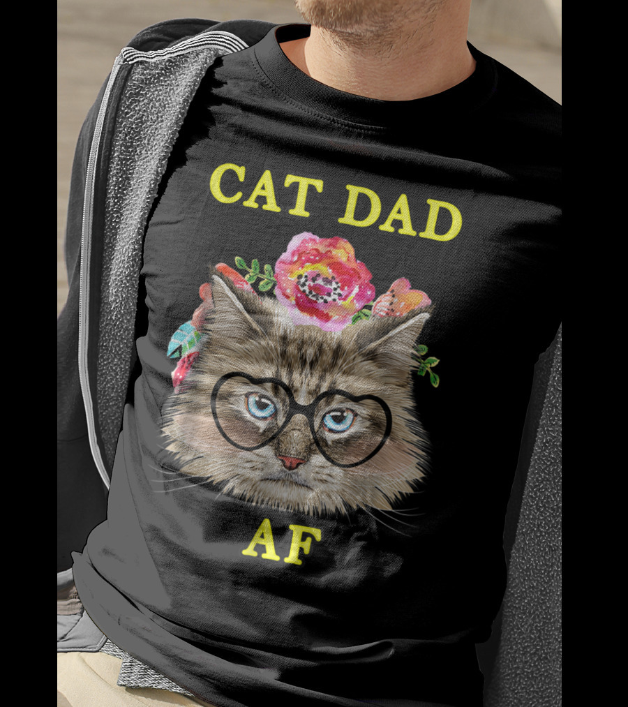 Funny Cat Dad AF With Floral Bouquet And Glasses T-Shirt